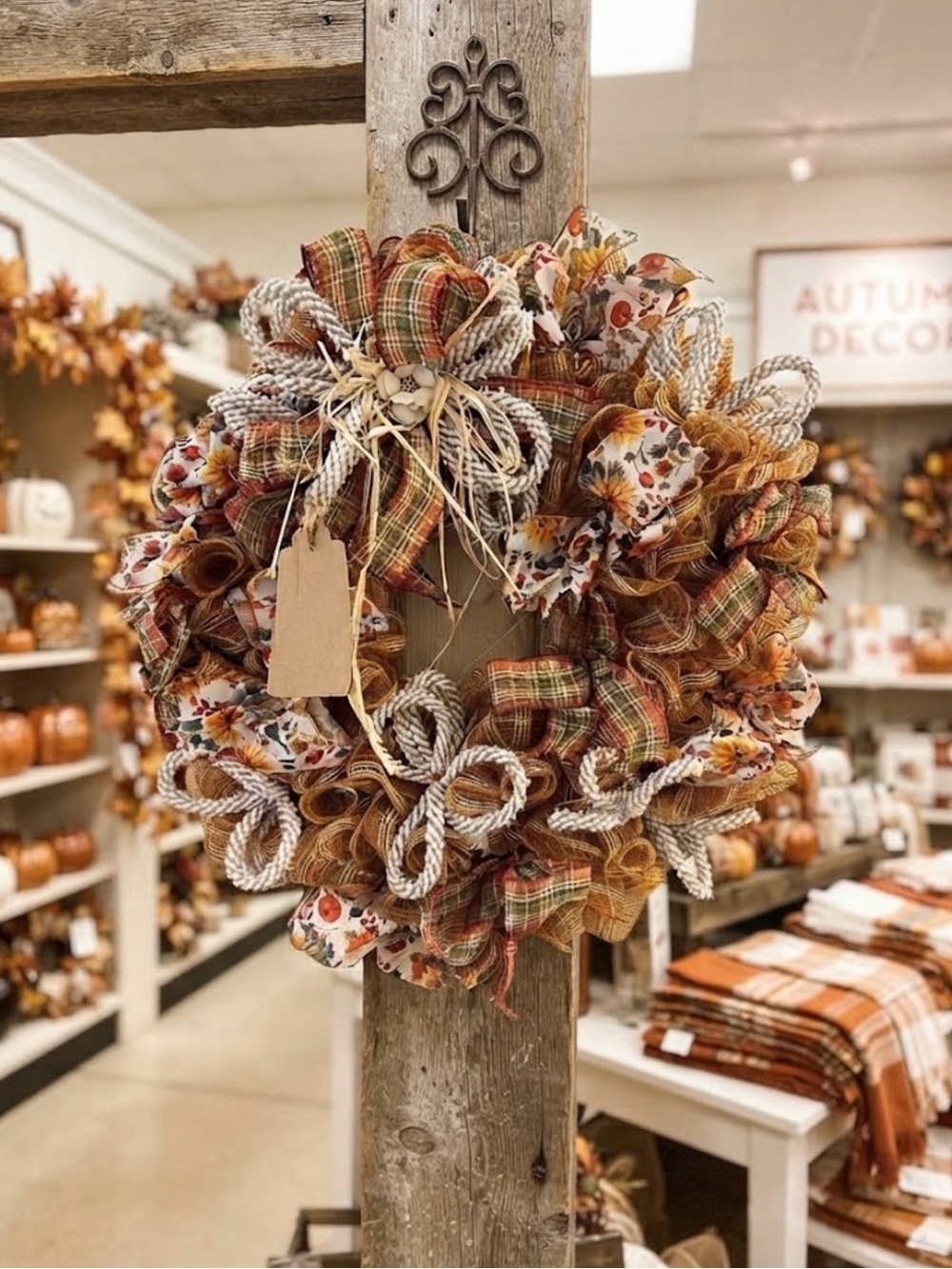 Handcrafted Fall Wreath in Orange, Plaid & Cream